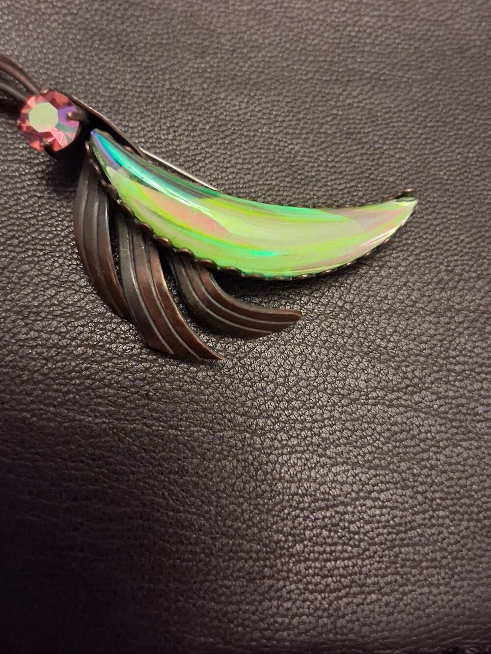Unique Iridescent Green and Pink Leaf Woman Brooch w/Rhinestone - Picture 2 of 4